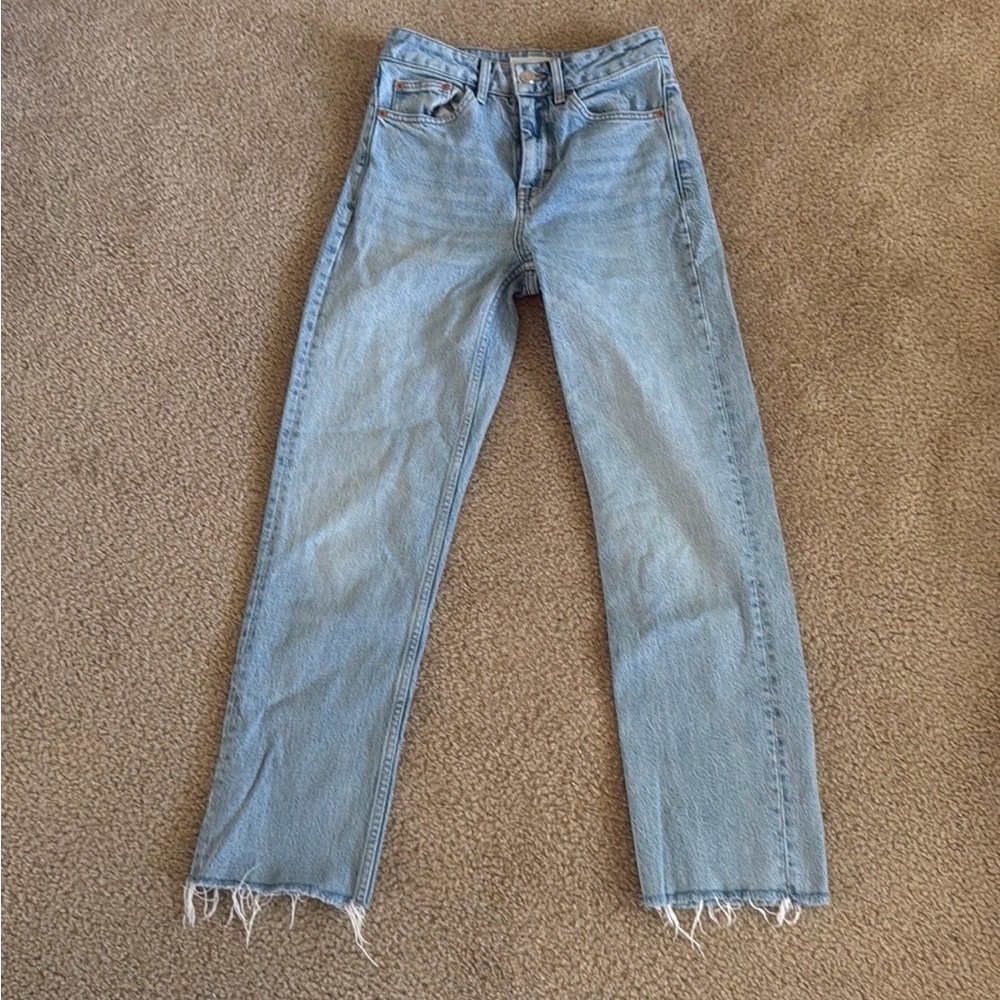 Topshop High Rise Straight Leg Jeans Light Wash Frayed Hem Size 25